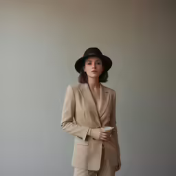 a woman in a black hat stands with her hands on her knees