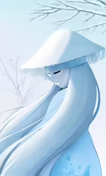 there is a blue and white drawing of a lady in the snow