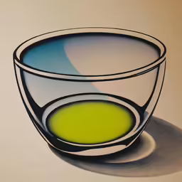 a yellow cup on the floor with oil in it