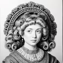 a black and white portrait of a woman with curls in her hair