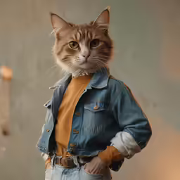 the cat wearing a jacket and jeans is staring at the camera