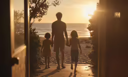 a man and two small children walk down a walkway by the beach