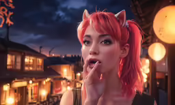 a woman with red hair is holding her lip out