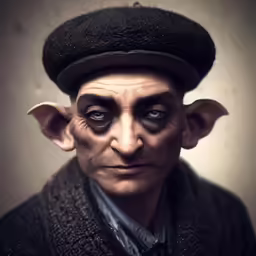 the old man is wearing a hat and black jacket