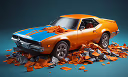 a car that has been cut off and is sitting on the ground,the chevrolet camaro sports car is crushed in pieces