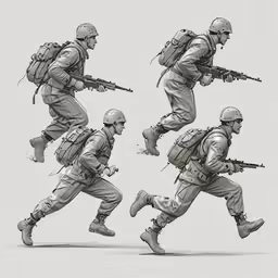 a collection of military men running with rifles