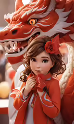 a girl wearing an orange outfit and wearing a dragon head