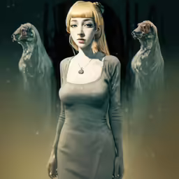 a woman in a dress holding up two claws