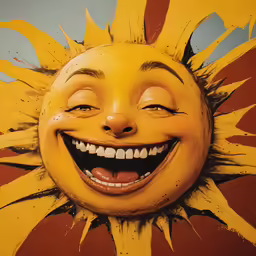 there is a yellow and red sun face with an unhappy look