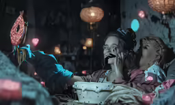two women eating a donut as they both sit on bed