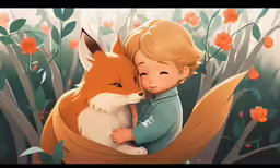 a little boy hugging a red fox in front of some flowers