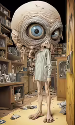 an alien man standing in front of a television monitor