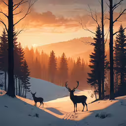 two deer standing in the snow with trees and sunset behind them,some animals are standing around in the snow