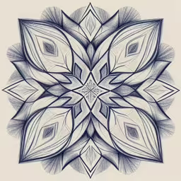 a large blue and white flower design with leaves,a drawing of a stylized star with many petals on it