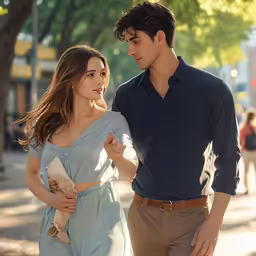a young couple walking in the street talking