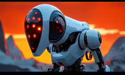 an image of the head of a robot with glowing eyes