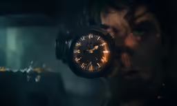 a close up of a person with a clock behind them