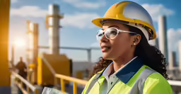 a lady in a hardhat and reflective glasses