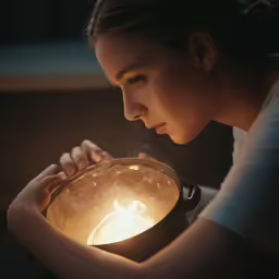 the girl is sitting in front of the candle