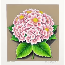 a painting of pink flowers and green leaves,an art piece with pink flowers and green leaves
