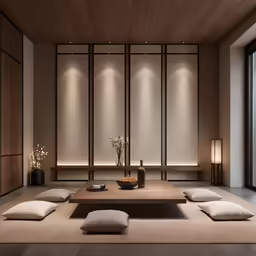a room with four benches and a vase of flowers