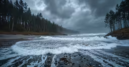 the shore in front of a rocky shoreline and tree lined beach