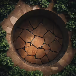 the circular fountain is surrounded by a bush