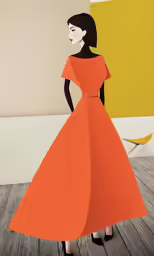 a woman wearing an orange dress standing in front of a painting