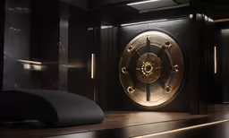 a black and gold room with a large circular door