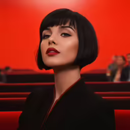 the beautiful girl with black hair is in an empty auditorium