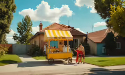two people standing near a yellow food cart