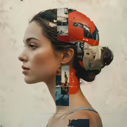 the face of a woman has photos arranged on her head