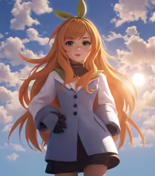 an anime character in uniform stands against a blue sky