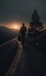 the man is walking down the street towards the sunset
