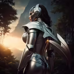 a woman in an armor suit with a sword and a mountain in the background