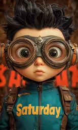 an animated doll with a full face and goggles on