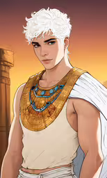 the ancient male character is wearing a necklace and wearing a golden collar,an egyptian man wearing jewelry and standing in front of a temple