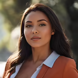 an attractive woman with light brown eyes, wearing a suit