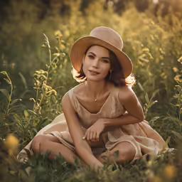 a woman wearing a brown hat in grass
