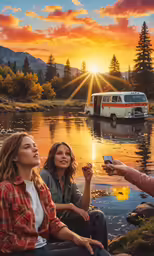 two women are on the river and a bus is parked