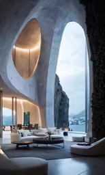 an interior of a house that is surrounded by greenery