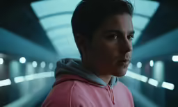 man in pink hoodie staring at camera