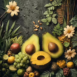 a bunch of fruits, vegetables and nuts