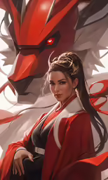a woman in red is standing with her arms crossed and a dragon in the background