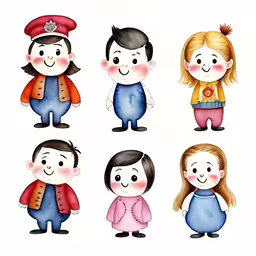 six small children who have different faces,a collection of funny, smiling and cartoonized kids