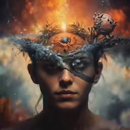 a close up of a person wearing a crown