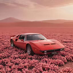 a vintage automobile parked in a sea of pink flowers