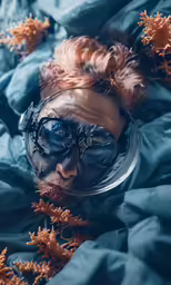 the person is lying down wearing goggles and blue shirt