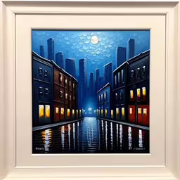 a painting of a dark city street with lights and rain