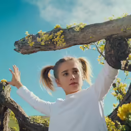 a girl in white posing with a branch